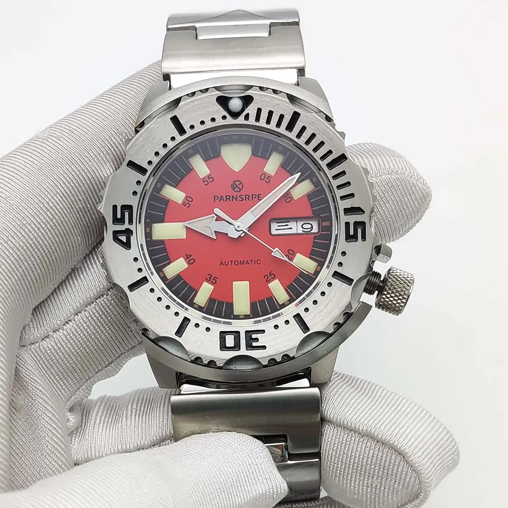 Relógio mecânico automático de safira masculino, caixa de aço inoxidável à prova d'água de alta qualidade, mostrador asséptico vermelho, relógio elegante