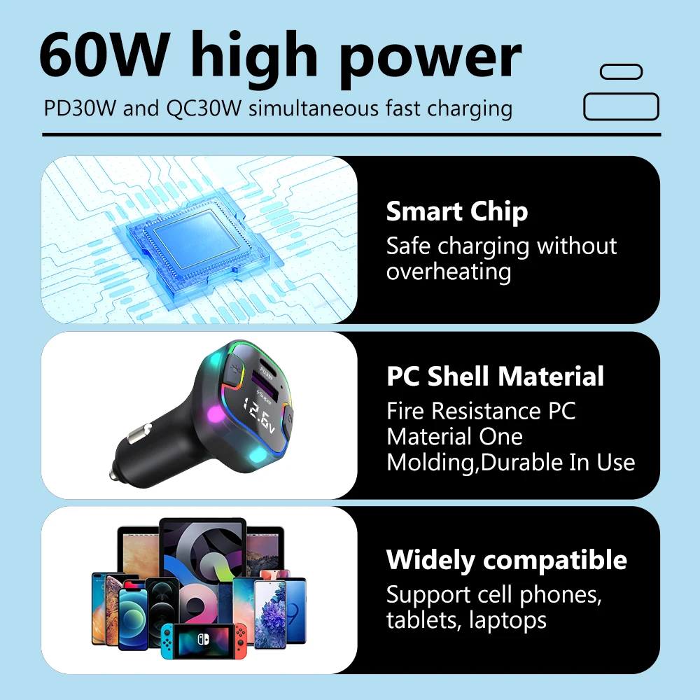 Ładowarka samochodowa 60W Super szybki Adapter do iPhone iPad Xiaomi Samsung Huawei 3.0 ładowarka samochodowa USB C — zdjęcie produktu 2
