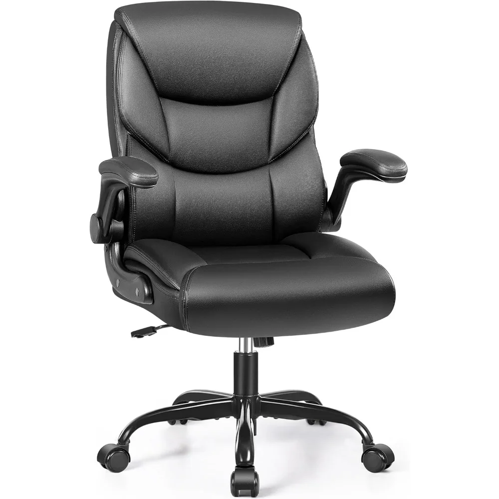 

Leather Office Chair - Small PU Ergonomic Desk Chair, Comfy Computer Chair with Wheels and Flip-up Armrests, Adjustable Height
