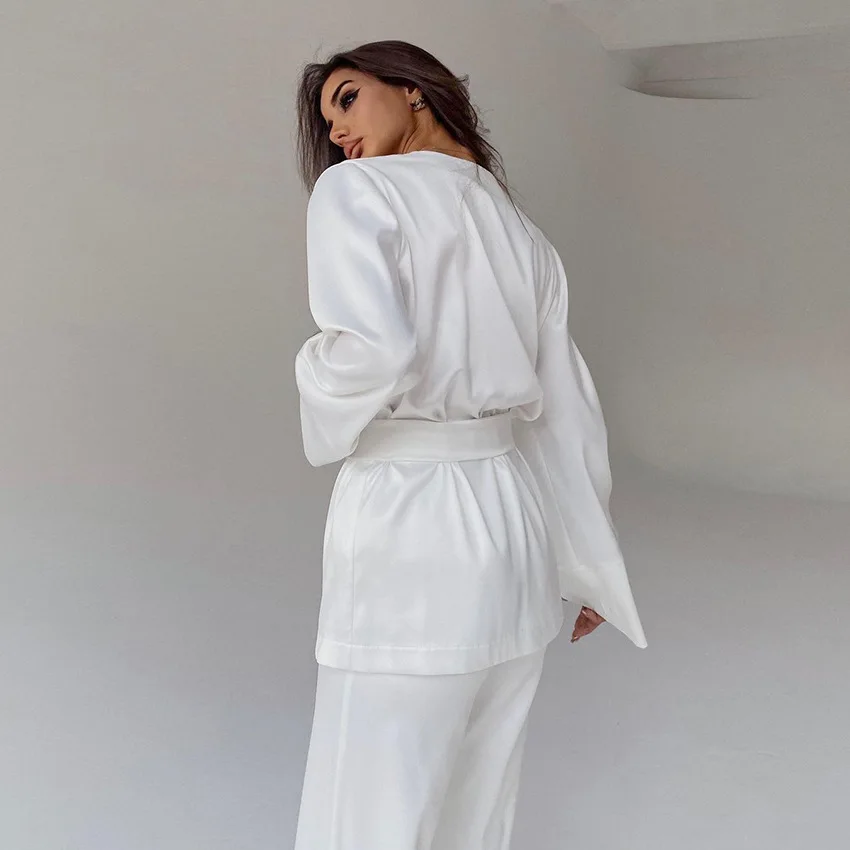 Wedding Bride Pajamas For Women Robe Sets Full Sleeves Women\'s Home Clothes Trouser Suits Satin Nightgowns 2022 Loungewear