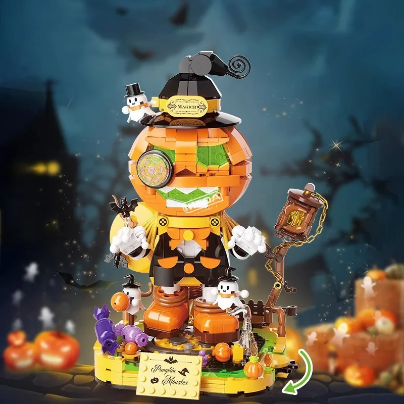 Set di blocchi di costruzione con testa di zucca di Halloween fai-da-te 795 pezzi di particelle di elfi di zucca modello di mattoni regalo di Halloween per bambini