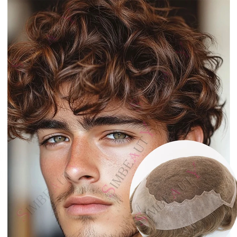 

24 мм вьющиеся прочные Q6 HD швейцарские кружева спереди и тонкая кожа пепельно-коричневого цвета # 18 22r Мужской парик из человеческих волос Мужской парик Серый Черный 1b80 Система волос