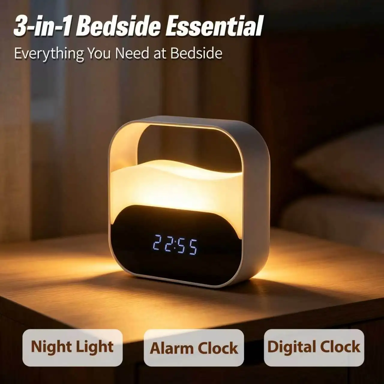 Portable LED Night Light Bedside Sleep Lamp With Alarm Clock Time Display Dimmable Light For Home Bedroom
