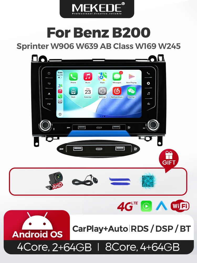 EU-Lagerbestand 2Din IPS-Bildschirm Kabelloses CarPlay Android Auto Autoradio für Mercedes Benz W169 W245 B200 W906 Sprinter W639 Vito GPS-Navigation SWC Bluetooth FM RDS 4G WIFI Auto-Intelligentes