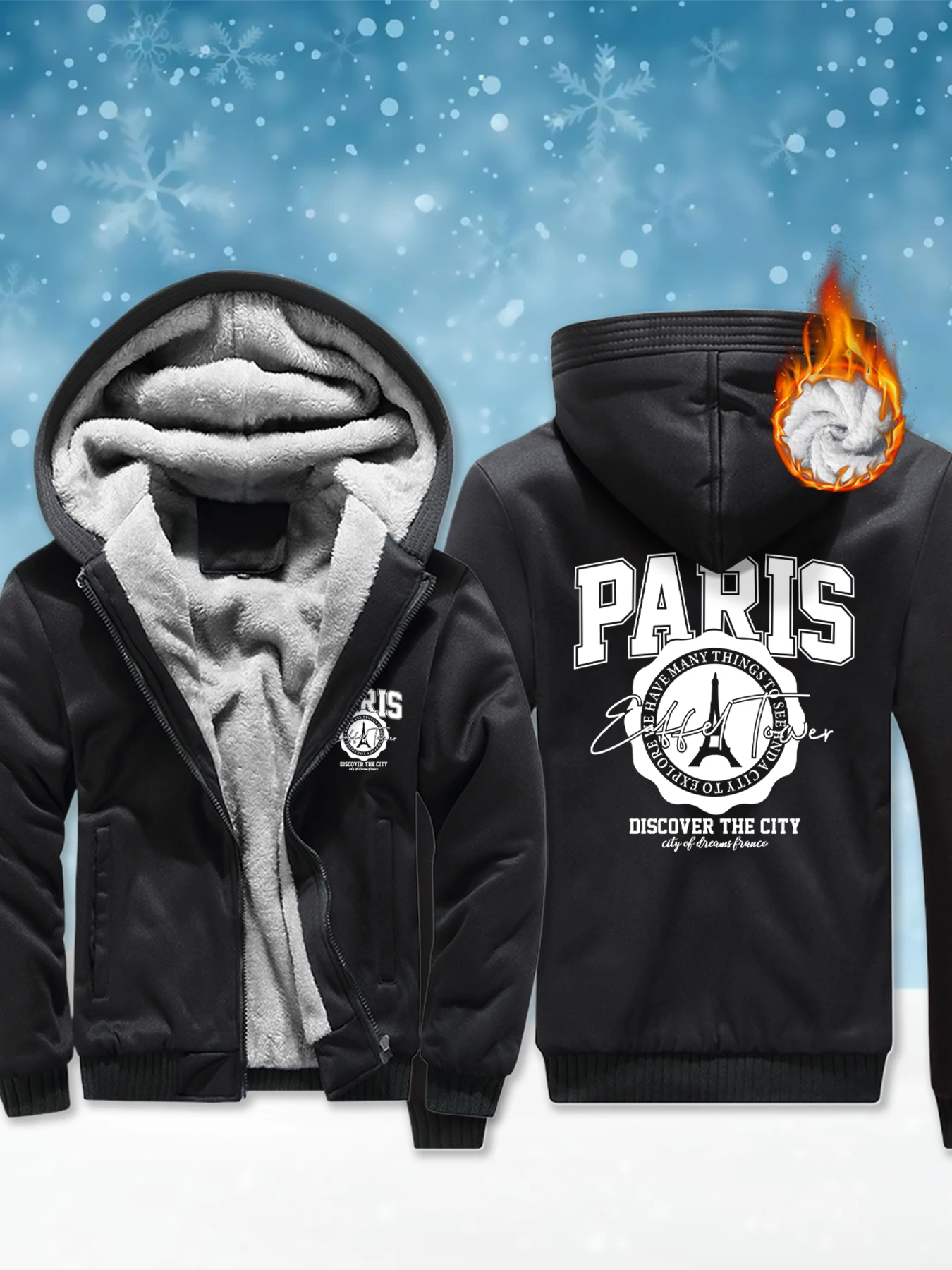 

Paris Eiffel Tower Print Men's Pullover Winter Comfortable Streetwear Fleece Heavyweight Sweatshirt Fashion Zipper Thick Hoodie