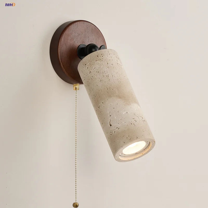

IWHD Yellow Travertine LED Wall Lamp Dining Room Coffee Wood Japanese Style Pull Chain Switch Rotate Stair Light Fixture Lampara
