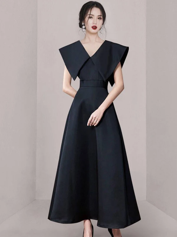 Spring Summer 2026 Commute Korean Style Fashion Large Collar Simple Elegant Long A-Line Dress High Waist Zipper Sleeveless