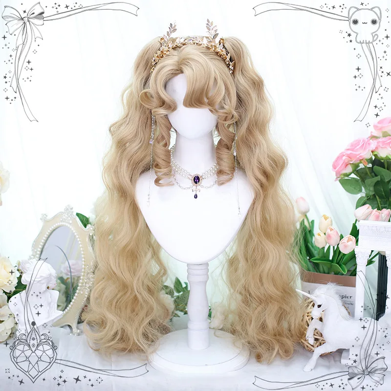 

Wig Female Full Headgear Natural Sweet Lolita Oil Painting Wind Bangs Double Ponytail Short Curl Powder Gold Lolita Wig