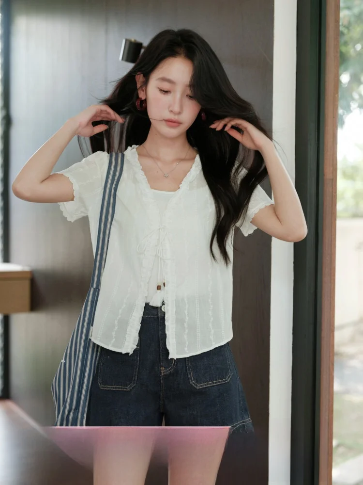 

Wooden Ruffle V-ne ort irt Two-piece Set Women's Summer White Unique Beautiful Top Sweet Sle Loose Fit Cotton Blend