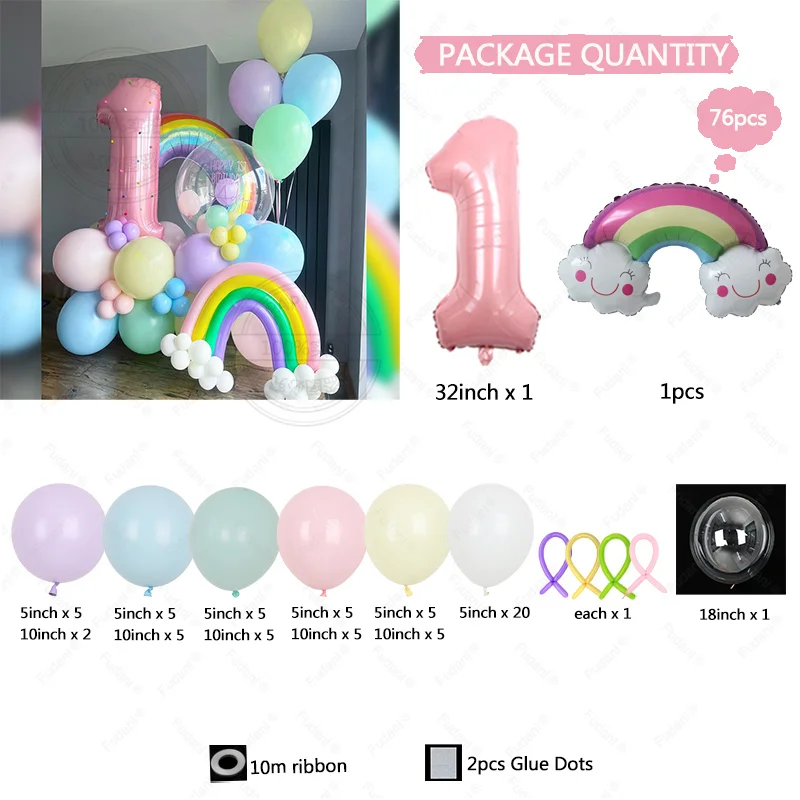 76pcs Macaron Rainbow Clouds Balloon Kit 32inch Pink Number Foil Balloons 1-9age Kids Birthday Party Decors Baby Anniversary