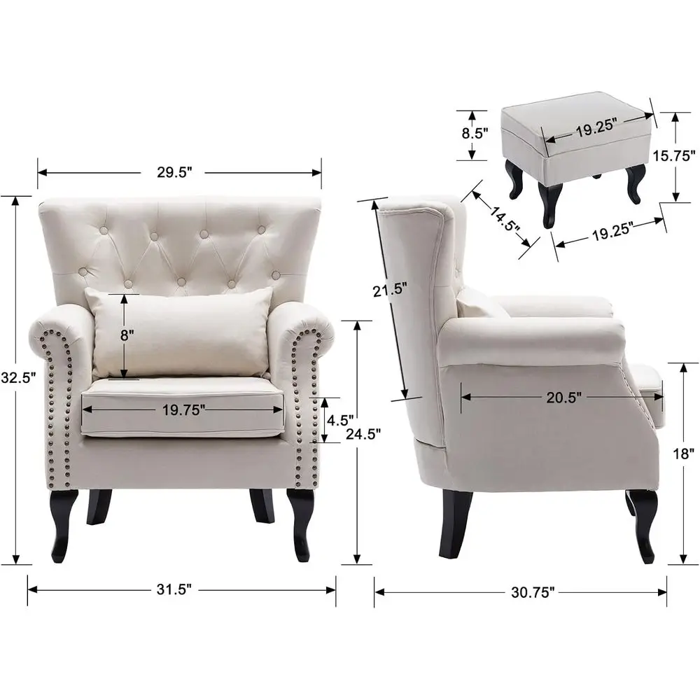 Beige Wingback Accent Chair with Ottoman for Home Club, Bedroom, Living Room, Padded Seat and Wood Legs