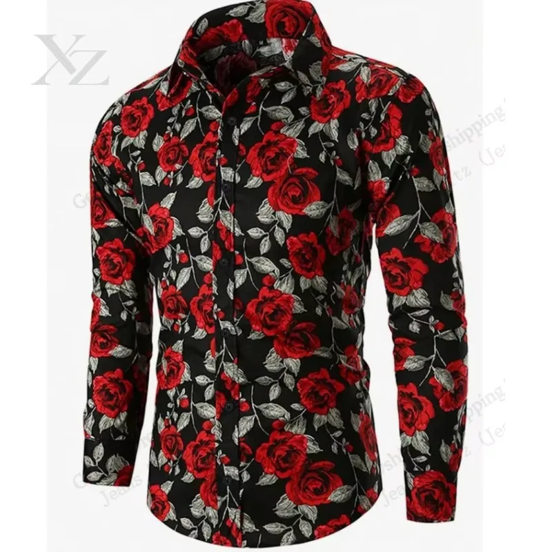 Baroque Long Sleeve Button Down Shirt Golden Floral Rose 3d Print Hawaiian Shirt Men Women Fashion Formal Blouse Mens Clothing