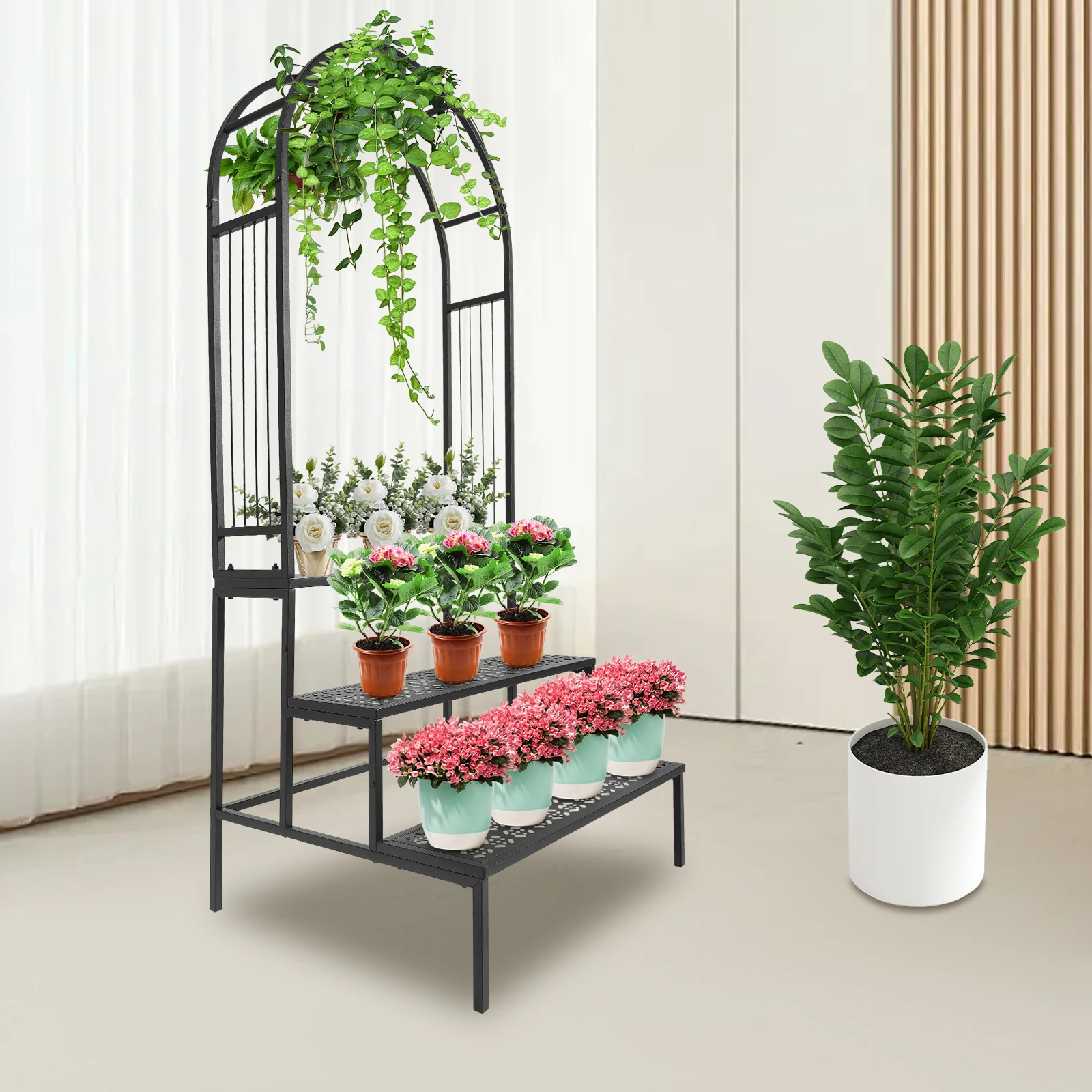 Modern 3-Tier Metal Plant Stand Indoor/Outdoor Flowerpot Shelf Organizer w/ Garden Arch Rust-Resistant for Multipurpose Display