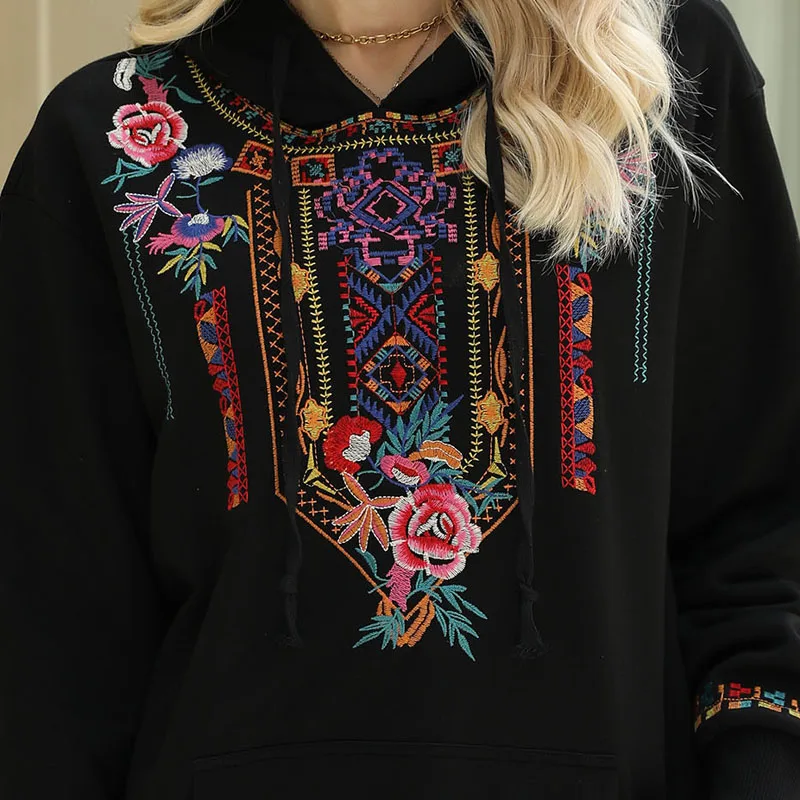 TEELYNN Long Sleeve Knit Sweatshirts for Women tops Casual Pullover Jumper Spring/Autumn 2023 Boho Floral Embroidery Hoodies