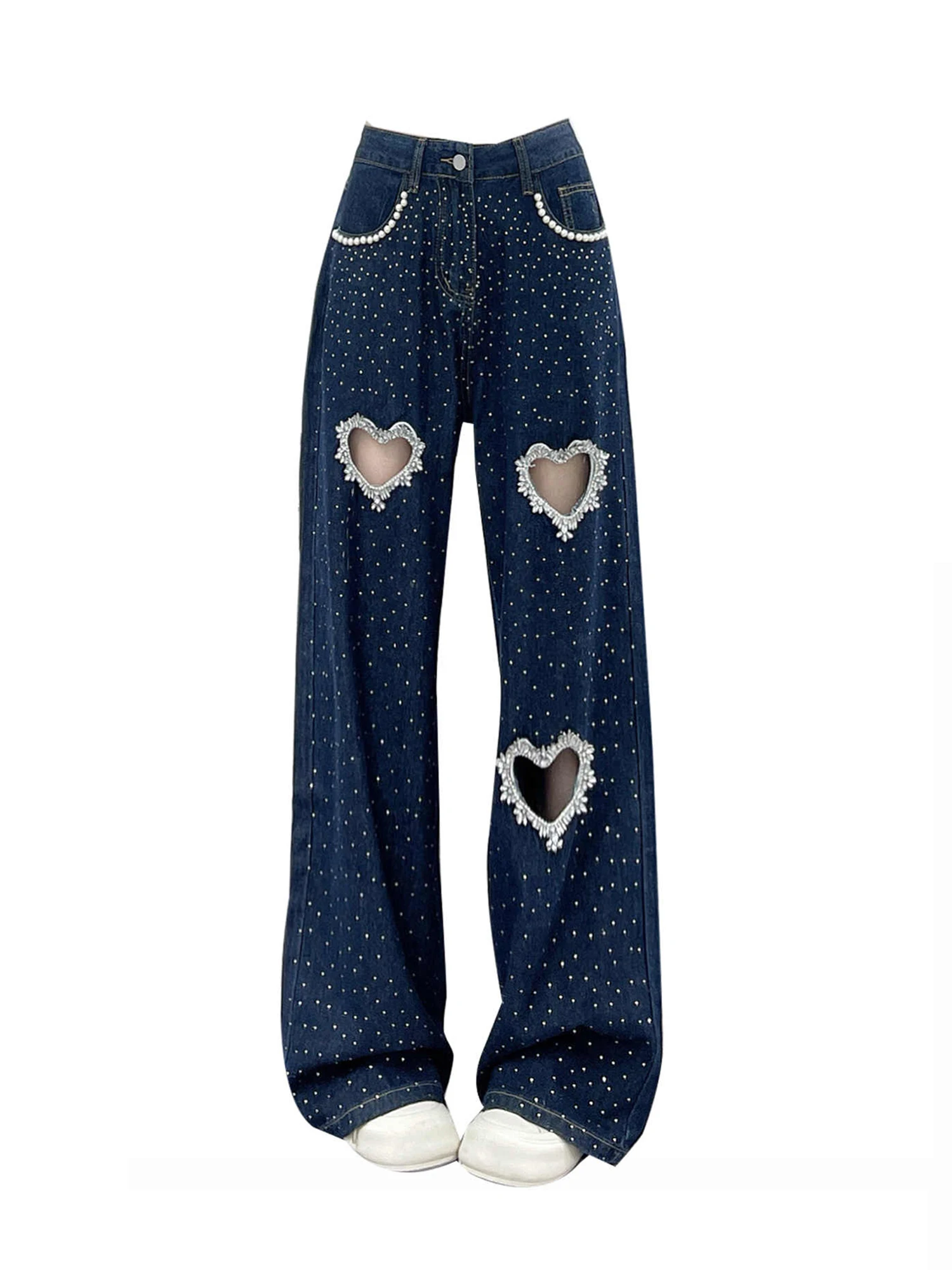 

Women's Blue Y2k Baggy Ripped Hollow Jeans with Heart Harajuku Vintage Denim Trousers Japanese 2000s Style Jeans Pants Clothes