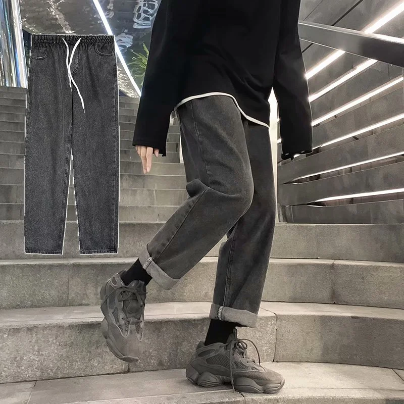 

Мужские свободные джинсы прямого кроя с завязками, корейские широкие брюки-чинос, осенние повседневные брюки длиной 7/8 для мужчин