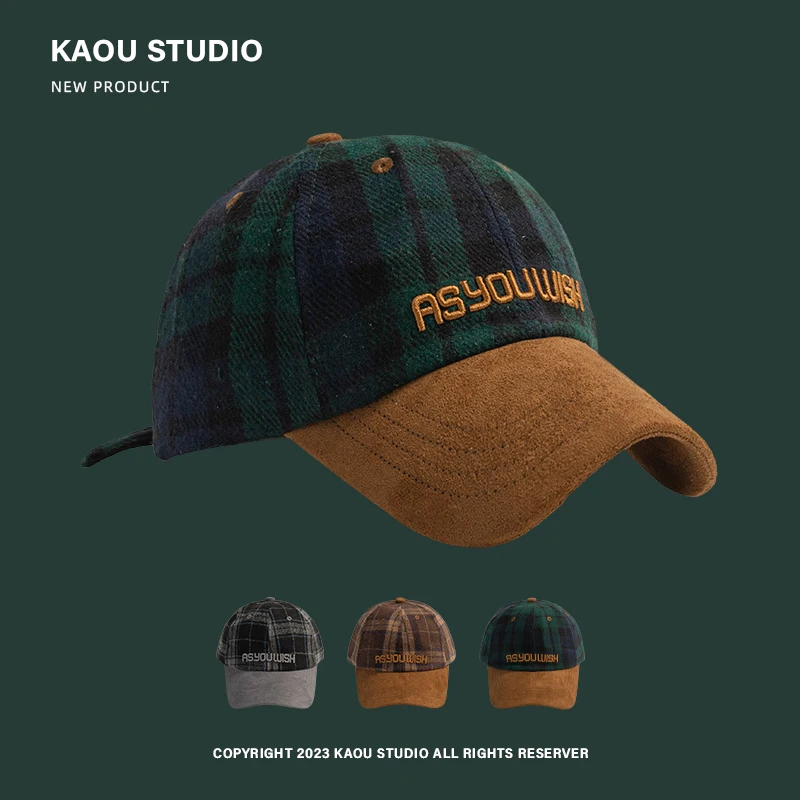 

British Retro Plaid Duckbill Hats for Women Autumn and Winter Warm Korean Fashion Embroidery Color Matching Baseball Caps Men