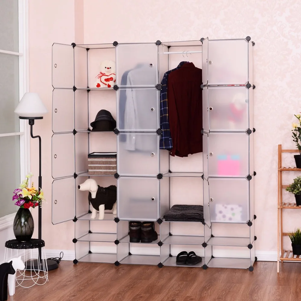 Goplus DIY 16+8 Cube Portable Clothes Wardrobe 1 Hook Bedroom Storage Cabinet Shoes Clothes Closet Organizer with Doors HW54795