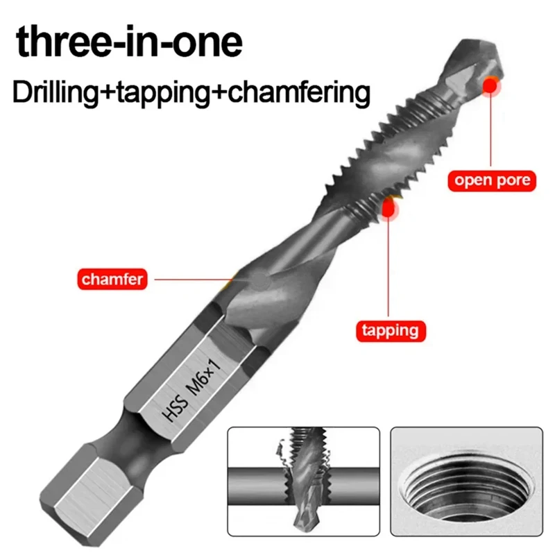 6Pcs M3 M4 M5 M6 M8 M10 High Speed Steel 4341 Titanium Plated Composite Tap Drill And Tap Integrated Machine Tap