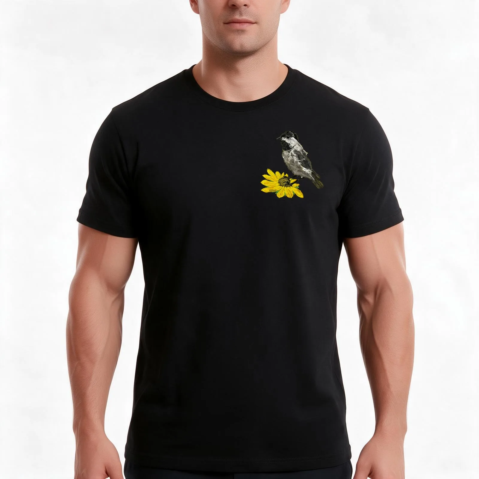 Smaller sized Chickadee On A Sunflower T-Shirt, Summer Casual Cotton Tee, Oversized Streetwear Tops, Vintage Graphic Print