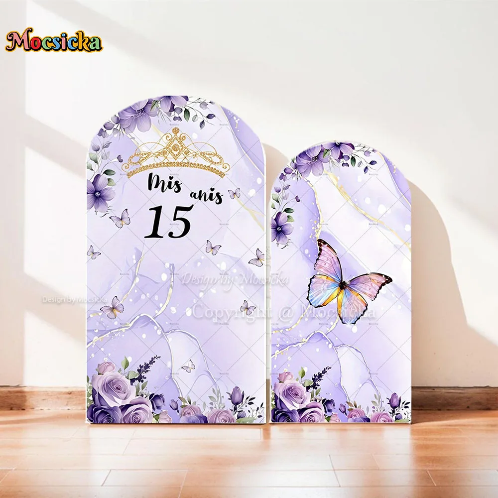 Mocsicka Purple Butterfly Wedding Birthday Party Chiara Arch Backdrop Cover 15th Birthday Flower Dresses Background Girl Photo