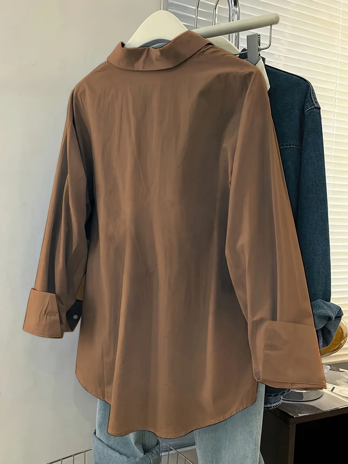 Women's Casual Solid Color Drop Shoulder Loose Shirt, Autumn Long Sleeve Shirt