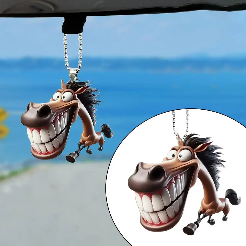 2D Cute Big Mouth Horse RearView Mirror Pendant Auto Interior Car Realistic Animal Hanging Ornament Car Interior Decoration Toys