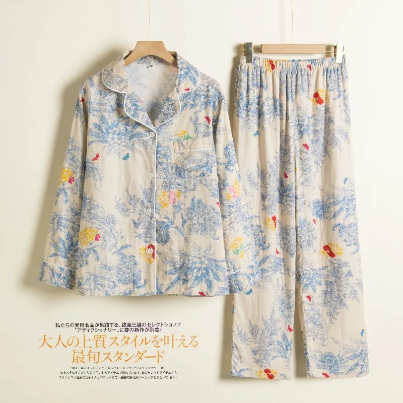 Women's Light Luxury High End Double Layer Gauze Pajamas Set Monet Floral Design Summer Loungewear Cotton Spring Autumn XXL Size