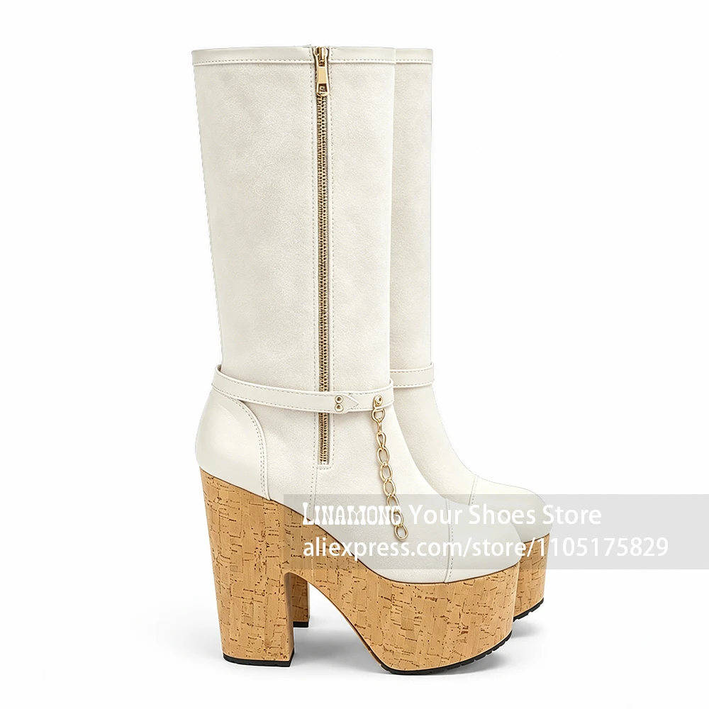 Chunky Cork Platform Block Heel Knee High Boots Side Zipper Chain Buckle Strap Boots Vintage Style Round Toe Women's Knee Boots