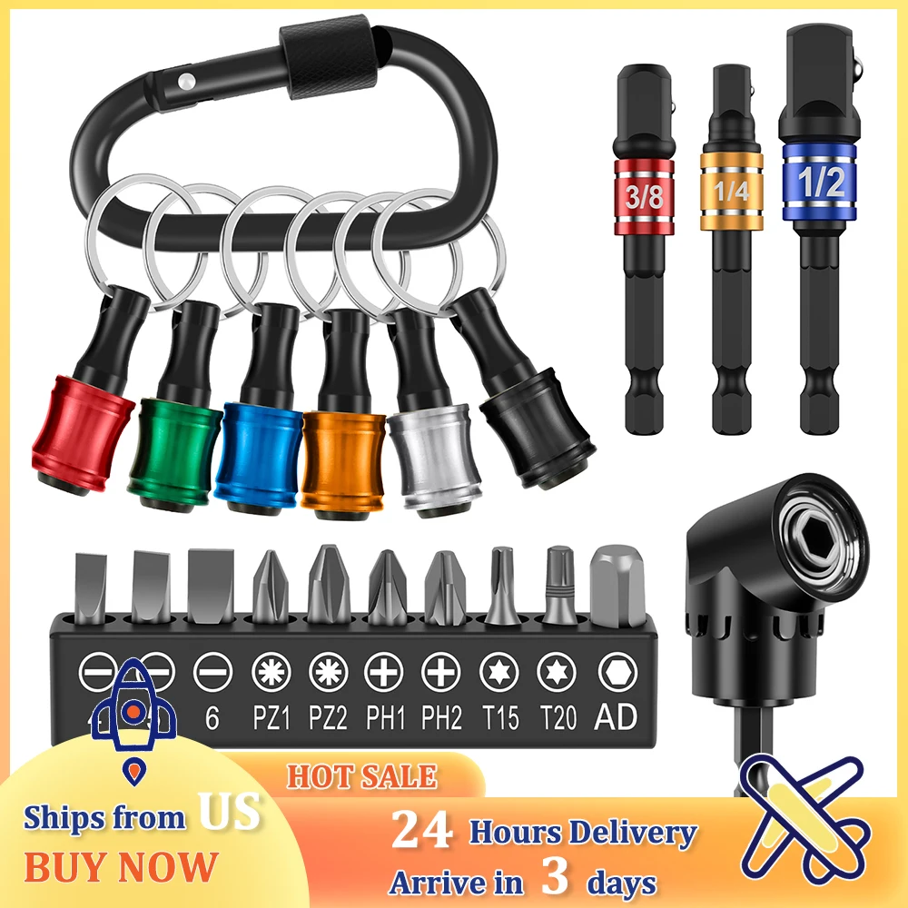 Chave de fenda Bit Holder com Mosquetão, Extensão Bar, Hex Shank, Adaptador de Extensão, Broca Ferramentas de fixação, 1/4 ", 11 Pcs, 24Pcs