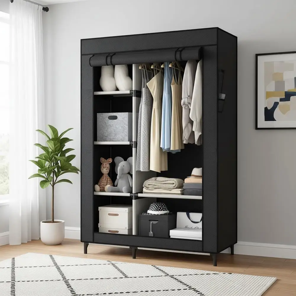 

Portable Non-Woven Fabric Closet with 6 Shelves and Hanging Rail, Easy Assembly, Black