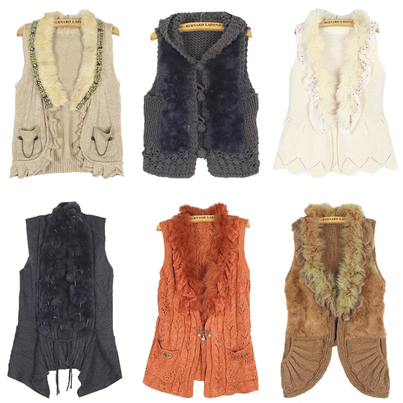 

Vintage Knitted Fur Collar Vest Open Cardigan Sweater Y2K Streetwear Rabbit Fur Wanderlust Warmth Street Sle Pure Color