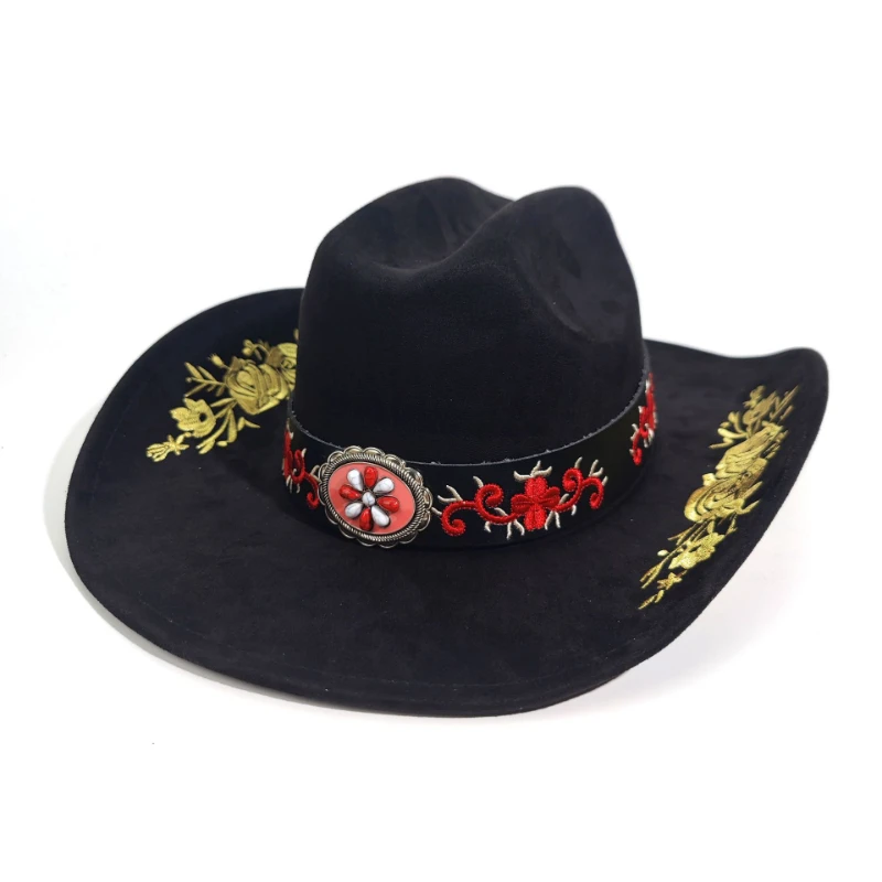 

Women's All-Season Fashion Cowboy Hat - Versatile Faux Suede & Polyester Hat (56-58cm) with Ethnic Embroidered Flowers