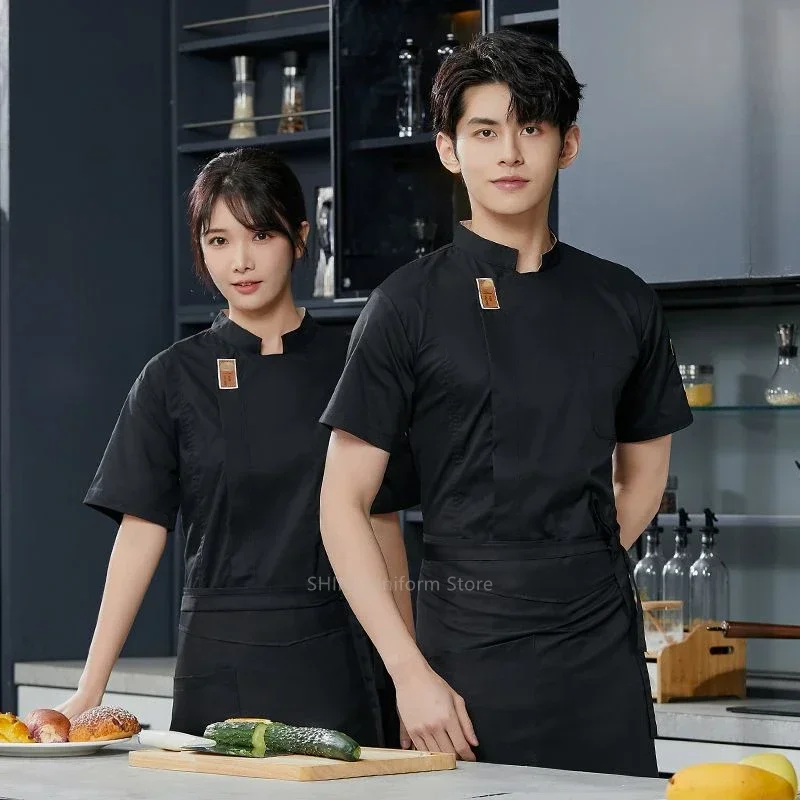 キッチンメンズ半袖シェフスーツジャケット黒制服レストランシェフコートエプロン作業服シェフショーツ夏通気性