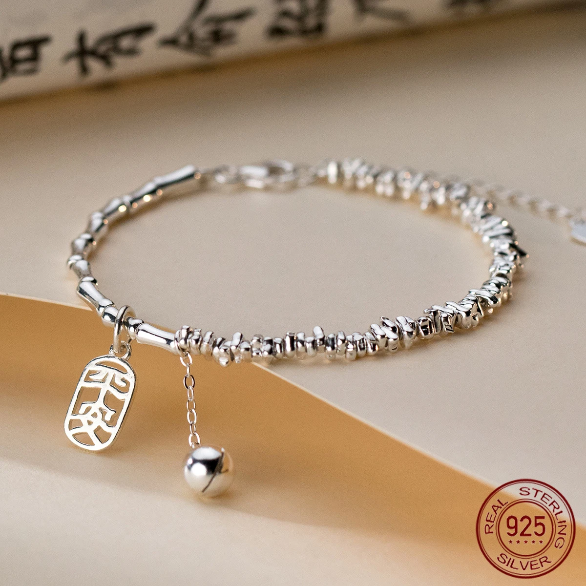 La Monada 15+4.5cm Elegant 925 Shattered Silver Bracelet Bamboo Inspired Knot Bell Adjustable Comfort For Women's Daily Elegance