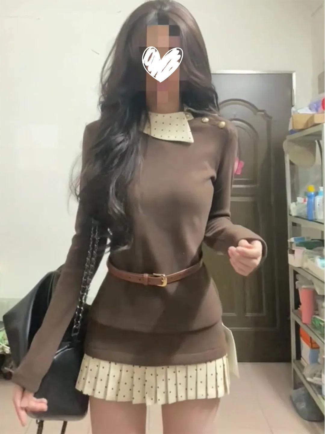 

Retro Korean Style College Fashion Color Block Asymmetrical Side Flip Collar Long Sleeve Women's Inner Wear Top Skirt Set