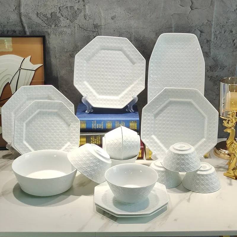 Light Luxury And Simple Wicker-Patterned Relief Western Set 16 Piece Tableware Household Housewarming And Gift-Giving Tableware