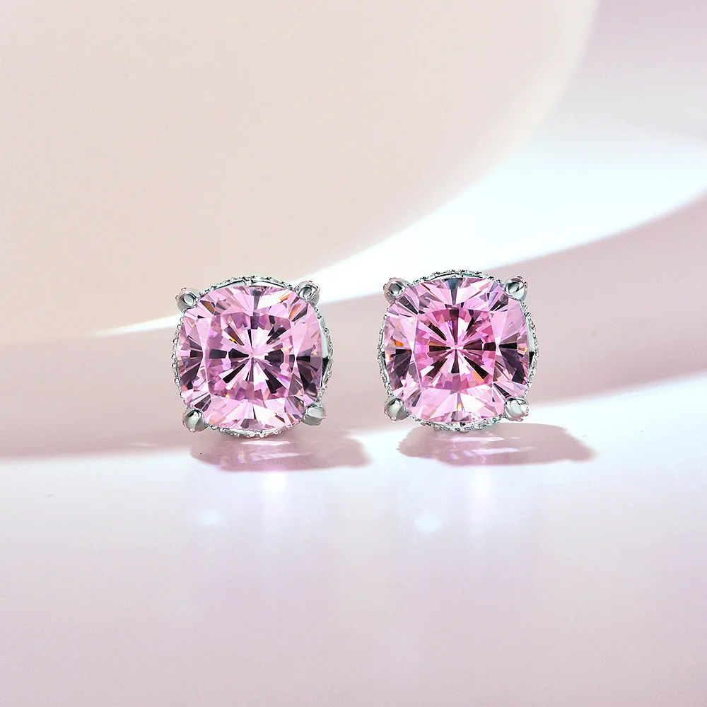 7S925 Silver 5ct High Carbon Diamond Earrings 10 * 10 Simulation Pink Diamond Earrings Women's Instagram Style Wedding Jewelry