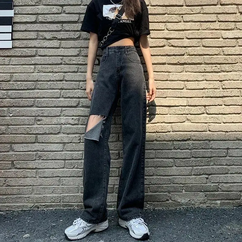 Women Hole Jeans Wide Leg Pants High Waist Vintage Full Length Pockets Button Distressed Straight Trousers 2026 Casual Denims