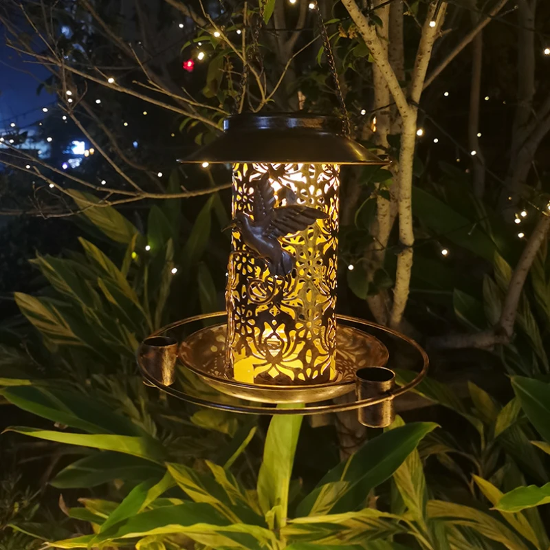 Solar Bird Feeder Metal Outdoors Hanging Bird House with LED Light Gift Ideas for Bird Lovers Outdoor Garden Backyard Decoration