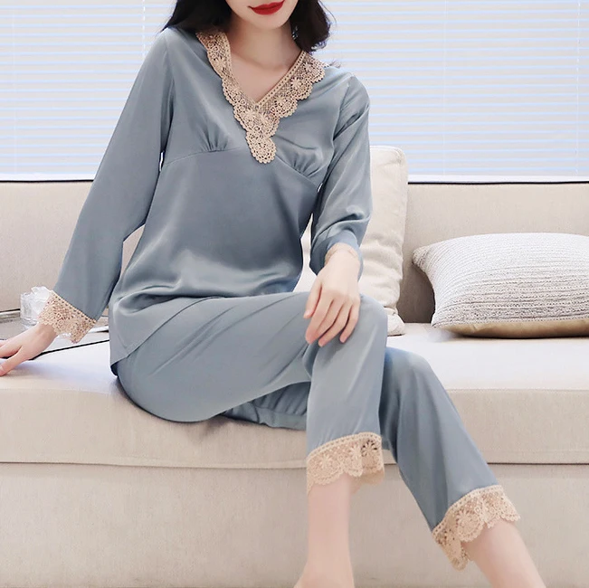 Nightwear Pyjamas Pajamas Set Satin Long Sleeve Women 2 Piece pjs sets Casual Lace Sleepwear Shirt&Pants Silky Intimate Lingerie