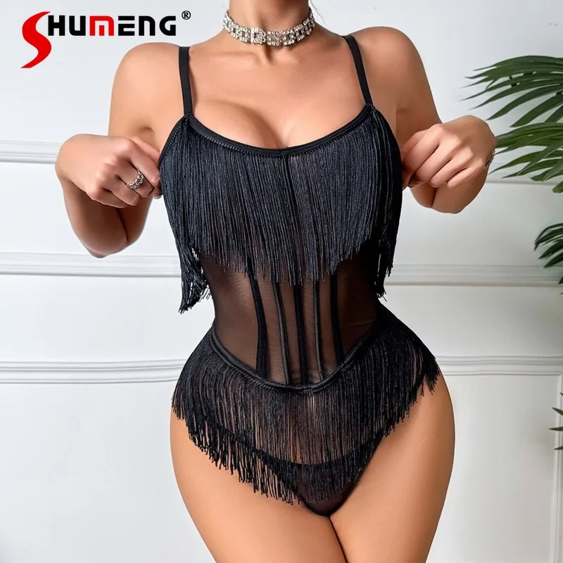 

Sexy Charming Thong Underwear for Ladies Thin Pure Desire See Through Tassel Bra Sets Women's Black Color Sexy Brief Suits
