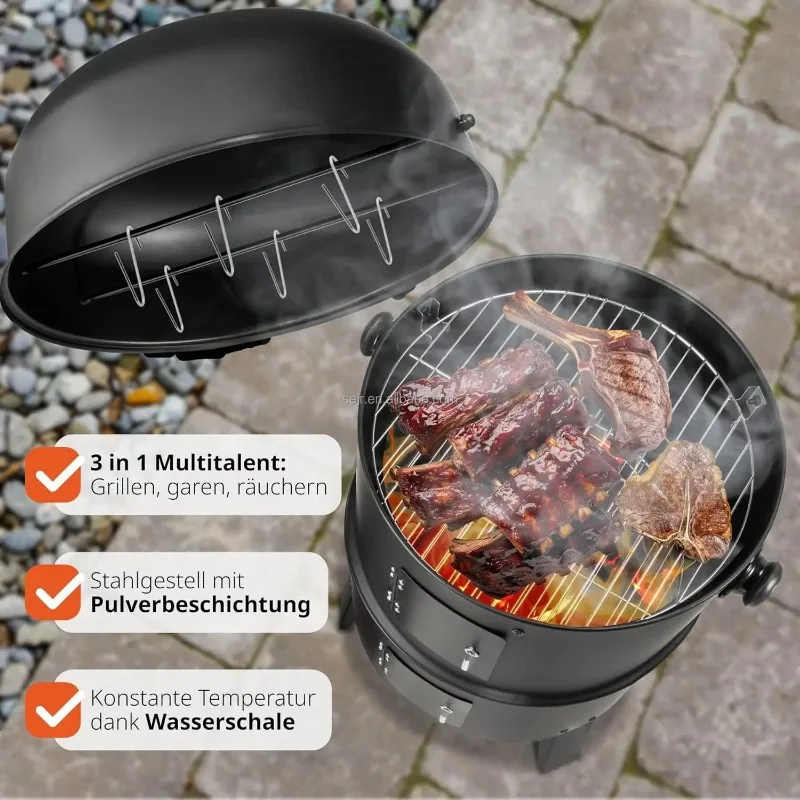 3 in 1 Outdoor BBQ Charcoal Grill, Barbecue, Smoker with Thermometer image 2