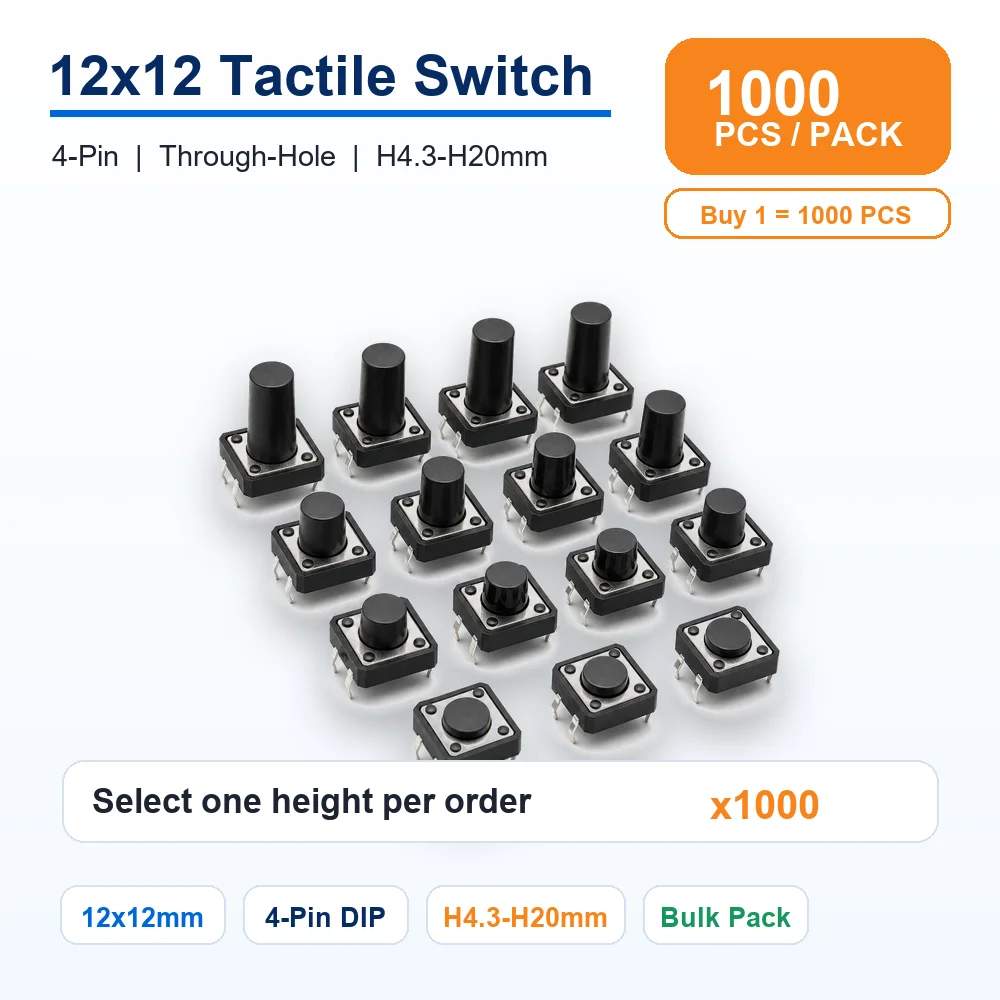1000Pcs PCB 4Pin Touch Button Micro Switch Mini Micro Switch DIP4 12x12 12*12*4.3/5/6/7/7.5/8/9/10/11/12/13/14/15/16/17/18/20MM