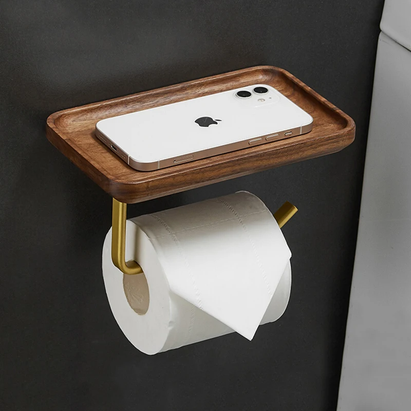 

Toilet Paper Holders Walnut and Black Brass Towel Holder and Phone Holder Wall Mount Bathroom Paper Holder Bathroom Accessories