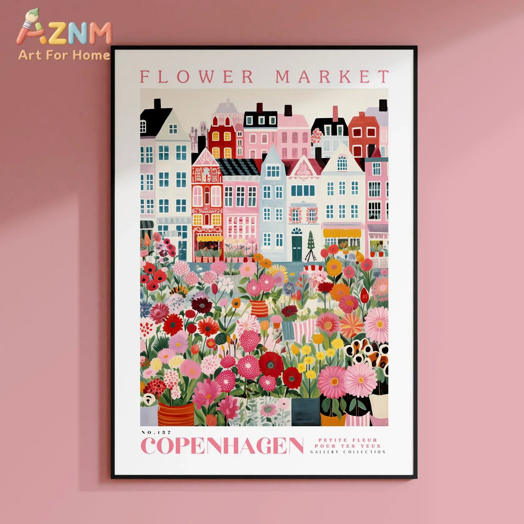 AZNM Copenhagen Flower Market Canvas Wall Art Colorful Nordic City Buildings Vibrant Floral Travel Gallery Aesthetic Unframed Ho