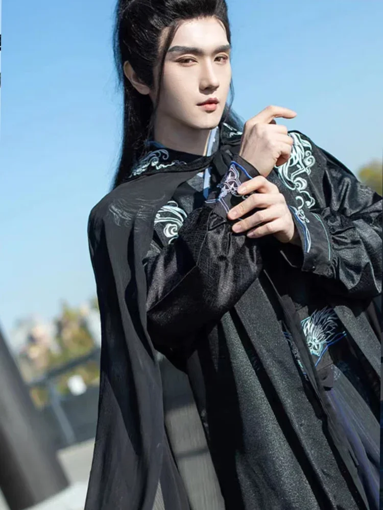 3XL Ancient Chinese Style Dress Hanfu Black hanfu cloak Men Elegant Collar Jacquard Suit Dresses Clothing Robe Cosplay Costumes