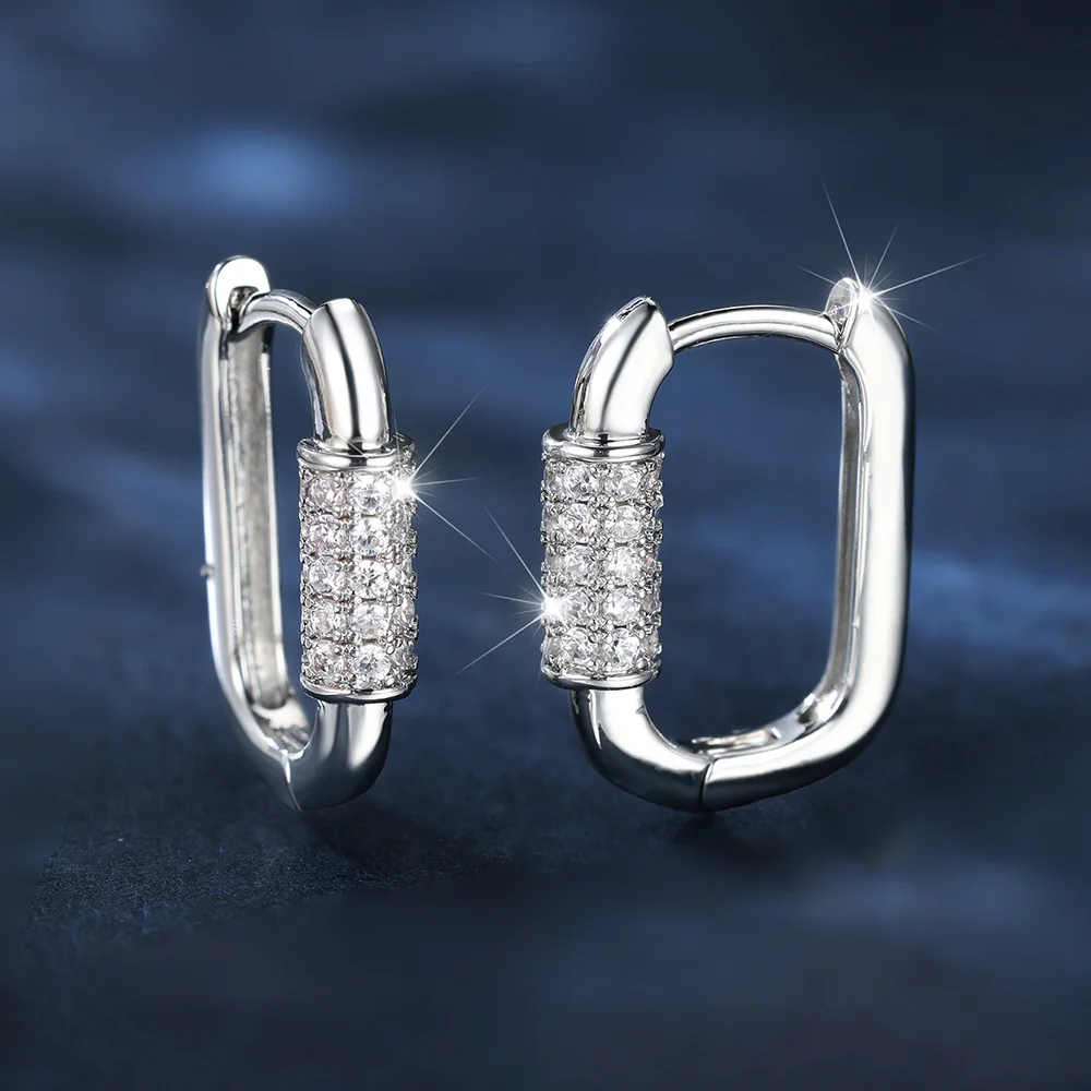 White Zircon Geometric Crystal U Shape Hoop Earrings For Women Vintage Silver Color Small Ear Buckle Wedding Jewelry Party Gifts