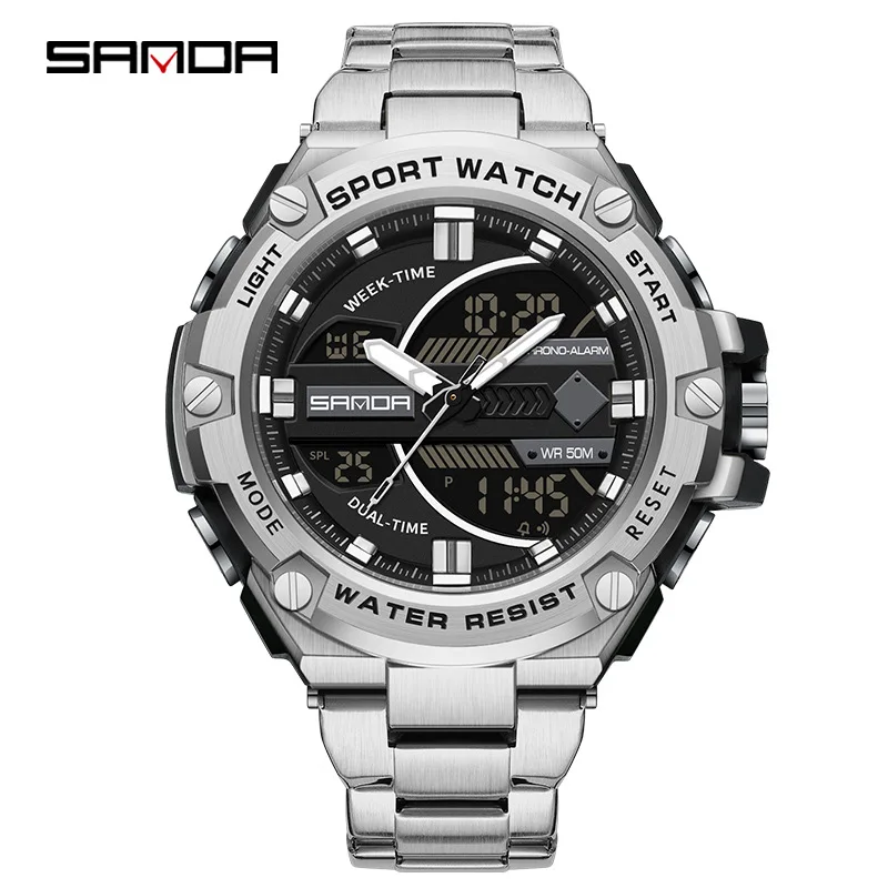 SANDA 3185 Men\'s Electronic Watches Alarm Mode Waterproof Shock Resistant Outdoor Sports Chronograph Stainless Steel Strap Watch