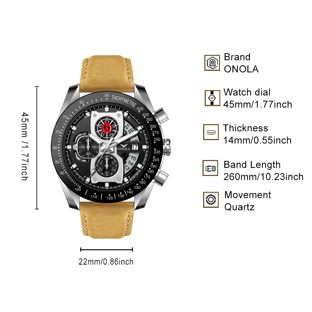 ONOLA Men's Round Quartz Watch, Chronograph, Speedometer Circle, Calendar, Racing Fashion Style, Men's Travel Birthday Gift